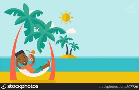 A young black guy on the beach relaxing and drinking cocktail under the heat of the sun with two coconut tree. A contemporary style with pastel palette blue tinted background with desaturated clouds. Vector flat design illustration. Horizontal layout with text space in right side.. Young black man on th beach relaxing and drinking cocktail.