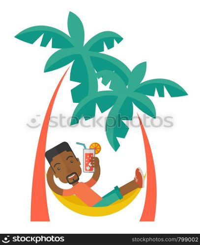 A young black guy relaxing and drinking cocktail with two coconut tree. A Contemporary style. Vector flat design illustration isolated white background. Vertical layout. Young black man on th beach relaxing and drinking cocktail.