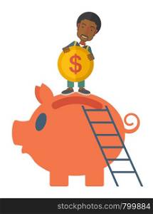A young black guy saving his money by putting a coin in big piggy bank using a ladder. Saving concept. A Contemporary style. Vector flat design illustration isolated white background. Vertical layout. . Big piggy bank with ladder