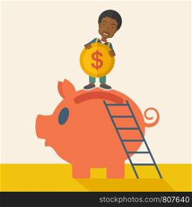 A young black guy saving his money by putting a coin in big piggy bank using a ladder. Saving concept. A Contemporary style with pastel palette, soft beige tinted background. Vector flat design illustration. Square layout. Big piggy bank with ladder