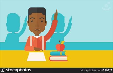 A young black student raising his hand with a smile. A Contemporary style with pastel palette, soft green tinted background. Vector flat design illustration. Horizontal layout with text space in right side.. Young black student raising his hand