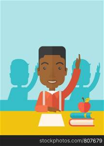 A young black student raising his hand with a smile. A Contemporary style with pastel palette, soft green tinted background. Vector flat design illustration. Vertical layout with text space on top part.. Young black student raising his hand