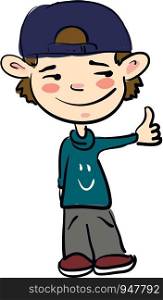 A young boy dressed in loose clothes is showing thumbs up vector color drawing or illustration