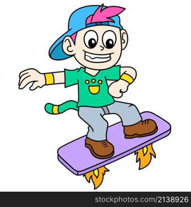 a young boy on a rocket flying skateboard