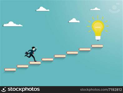 A young businessman running on stair books, Motivation, Moves up to the success, Leadership, Achievement, Goal, Startup, Vector illustration flat style