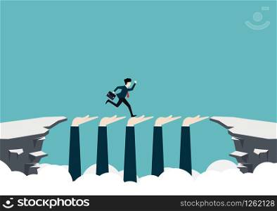 A young businessman runs across a cliff with a supporting hand to success. Business concept. Vector illustration flat design