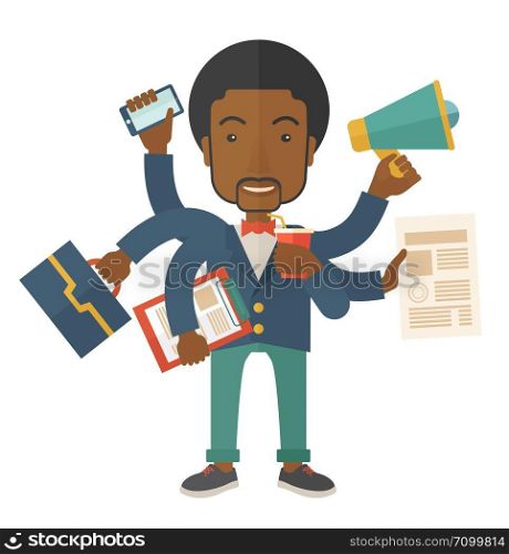 A young but happy african employee has six arms doing multiple office tasks at once as a symbol of the ability to multitask, performing multiple task simultaneously. Multitasking concept. A Contemporary style. Vector flat design illustration isolated white background. Square layout.. Young but happy african employee doing multitasking office tasks.