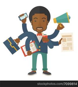 A young but happy african employee has six arms doing multiple office tasks at once as a symbol of the ability to multitask, performing multiple task simultaneously. Multitasking concept. A Contemporary style. Vector flat design illustration isolated white background. Square layout.. Young but happy african employee doing multitasking office tasks.