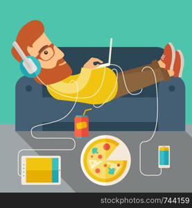 A Young caucasian man with headphone lie on the sofa listening music with pizza. Contemporary style with pastel palette, soft green tinted background. Vector flat design illustrations. Square layout.. Young man lie on the sofa.