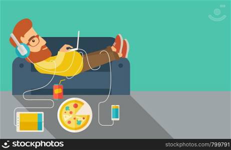 A Young caucasian man with headphone lie on the sofa listening music with pizza. Contemporary style with pastel palette, soft green tinted background. Vector flat design illustrations. Horizontal layout with text space in right side.. Young man lie on the sofa.