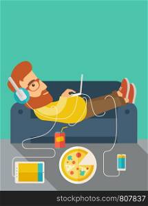 A Young caucasian man with headphone lie on the sofa listening music with pizza. Contemporary style with pastel palette, soft green tinted background. Vector flat design illustrations. vertical layout with text space on top part.. Young man lie on the sofa.