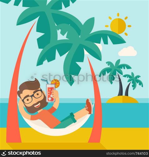 A young caucasian on the beach relaxing and drinking cocktail under the heat of the sun with two coconut tree. A contemporary style with pastel palette blue tinted background with desaturated clouds. Vector flat design illustration. Square layout. . Young man on th beach relaxing and drinking cocktail.