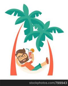 A young caucasian on the beach relaxing and drinking cocktail under the heat of the sun with two coconut tree. A Contemporary style. Vector flat design illustration isolated white background. Vertical layout.. Young man on th beach relaxing and drinking cocktail.