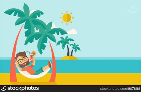 A young caucasian on the beach relaxing and drinking cocktail under the heat of the sun with two coconut tree. A contemporary style with pastel palette blue tinted background with desaturated clouds. Vector flat design illustration. Horizontal layout with text space in right side. . Young man on th beach relaxing and drinking cocktail.