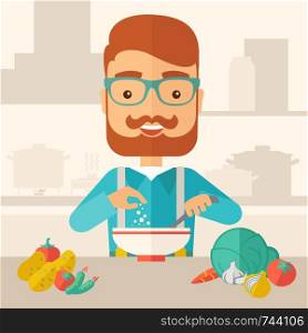 A Young caucasian with beard is happy eating salad for lunch with some vegetables on the table. A Contemporary style with pastel palette, soft beige tinted background. Vector flat design illustration. Square layout.. Young caucasian is eating salad for lunch in the restaurant.