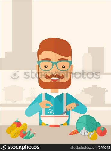 A Young caucasian with beard is happy eating salad for lunch with some vegetables on the table. A Contemporary style with pastel palette, soft beige tinted background. Vector flat design illustration. Vertical layout with text space on top part.. Young caucasian is eating salad for lunch in the restaurant.