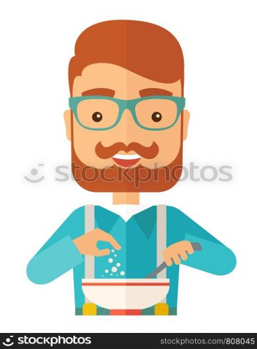 A Young caucasian with beard is happy eating salad for lunch with some vegetables on the table. A Contemporary style with pastel palette, soft beige tinted background. Vector flat design illustration. Vertical layout.. Young caucasian is eating salad for lunch in the restaurant.