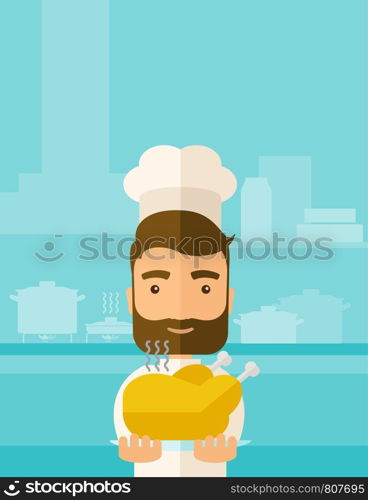 A young chef presenting a tasty cooked turkey for thanksgiving celebration. A contemporary style with pastel palette blue tinted background. Vector flat design illustration. Square layout. . Chef presenting a tasty cooked turkey.