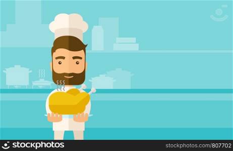A young chef presenting a tasty cooked turkey for thanksgiving celebration. A contemporary style with pastel palette blue tinted background. Vector flat design illustration. Square layout. . Chef presenting a tasty cooked turkey.
