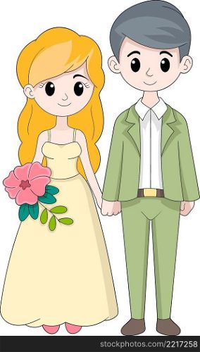 a young couple who just got married, the handsome and the beautiful on their wedding day, cartoon flat illustration