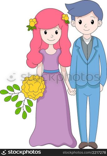 a young couple who just got married, the handsome and the beautiful on their wedding day, cartoon flat illustration