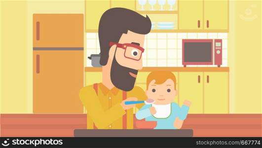 A young dad feeding baby on a kitchen background vector flat design illustration. Horizontal layout.. Man feeding baby.