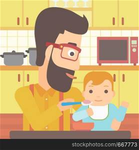 A young dad feeding baby on a kitchen background vector flat design illustration. Square layout.. Man feeding baby.