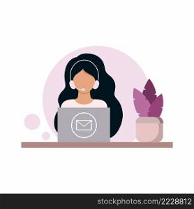 A young dispatcher from a technical support service, service center, or call center sits at a computer and answers customer questions. Illustration for banking business. Vector drawing in flat style.