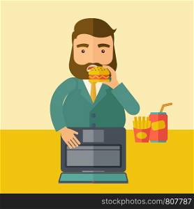 A young fat guy eating burger, fries, and soda for drink while working on his laptop. Business concept. A Contemporary style with pastel palette, soft beige tinted background. Vector flat design illustration. Square layout.. Young fat guy eating while at work.