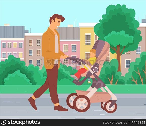 A young father walking with baby stroller in the park. Dad spend time with his son ourdoors. Male character pushing baby carriage in open area against the background of urban buildings and green trees. A young father walking with baby stroller in the park. Dad spend time with his son ourdoors
