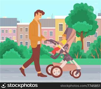 A young father walking with baby stroller in the park. Dad spend time with his son ourdoors. Male character pushing baby carriage in open area against the background of urban buildings and green trees. A young father walking with baby stroller in the park. Dad spend time with his son ourdoors
