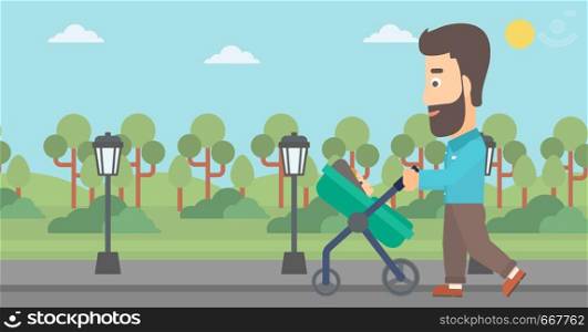 A young father walking with baby stroller in the park vector flat design illustration. Horizontal layout.. Father pushing pram.