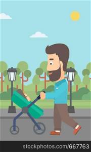 A young father walking with baby stroller in the park vector flat design illustration. Vertical layout.. Father pushing pram.