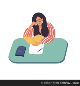 A young female student is sitting at a Desk, reading a book. A student in a class at school or College. Isolated on a white background. Teen at the table. Vector illustration in flat style.. female student is sitting at a Desk,reading a book