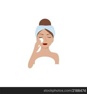A young girl in a towel on her head wipes her face with a cotton sponge. The logo of the cosmetics, beauty, beauty salon. Vector flat cartoon illustration. The concept of beauty and health