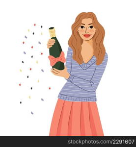 A young girl is holding a bottle of ch&agne. Birthday. The concept of the holiday and congratulations. Vector.