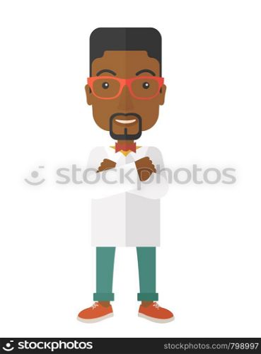 A Young handsome african male medicine doctor assistant standing in white lab coat with cross arms. A Contemporary style. Vector flat design illustration isolated white background. Vertical layout. Young handsome male medicine doctor assistant.
