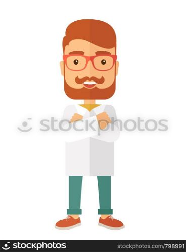 A Young handsome male medicine doctor assistant standing in white lab coat with cross arms. A Contemporary style. Vector flat design illustration isolated white background. Vertical layout. Young handsome male medicine doctor assistant.