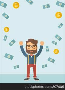 A young hipster Caucasian businessman happy under falling raining money shower a coin and bill dollar money. Winner, happy concept. A contemporary style with pastel palette soft blue tinted background. Vector flat design illustration. Vertical layout with text space in the center.. Young happy businessman