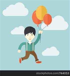 A young japanese man is flying in blue sky holding group of colored balloons. Freedom concept. A Contemporary style with pastel palette, soft blue tinted background with desaturated clouds. Vector flat design illustration. Square layout. . Young japanese man flying with balloons.