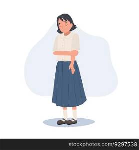 A young little school girl with sad faces. Thai primary school student girl is sad. Flat vector cartoon illustration