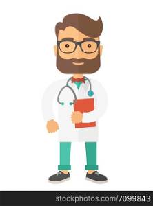 A Young male caucasian doctor standing beside the door with stethoscope and clipboard. A Contemporary style. Vector flat design illustration isolated white background. Vertical layout.. Young male doctor standing with stethoscope.