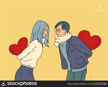 a young man and a girl in love with valentines, a surprise. Comic cartoon retro hand drawing illustration. a young man and a girl in love with valentines, a surprise