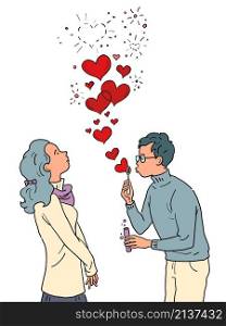a young man and a girl in love with valentines, soap bubbles. Comic cartoon retro hand drawing illustration. a young man and a girl in love with valentines, soap bubbles