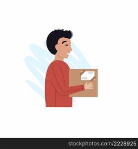 A young man carries a parcel to the post office. Concept of delivery of orders, logistics and mailings