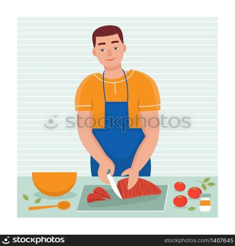 A young man cooks at home in the kitchen. Husband&rsquo;s household duties. Flat vector cartoon illustration.