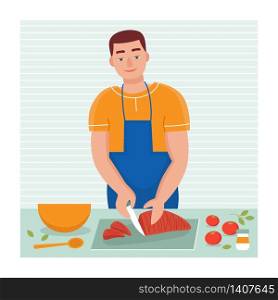 A young man cooks at home in the kitchen. Husband&rsquo;s household duties. Flat vector cartoon illustration.