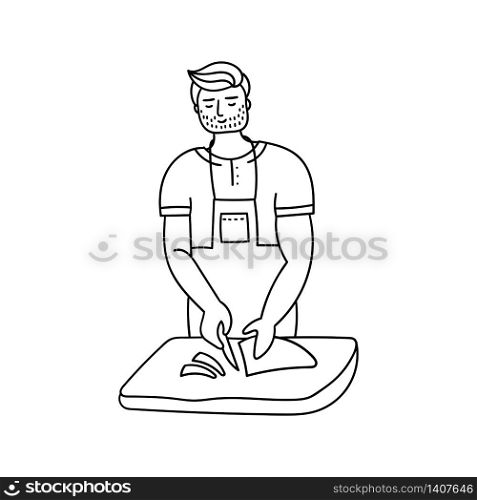 A young man cooks at home in the kitchen. Husband&rsquo;s household duties. Doodle vector illustration.