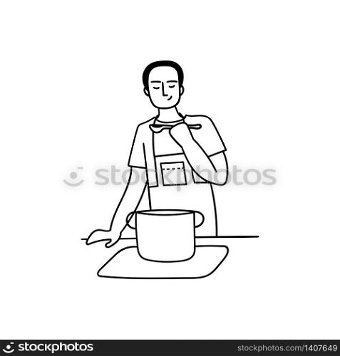 A young man cooks at home in the kitchen. Husband&rsquo;s household duties. Doodle vector illustration.