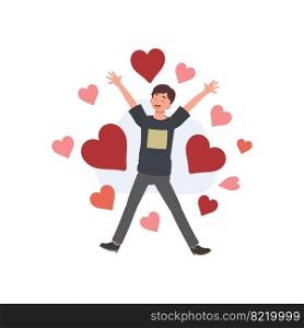 A young man falling in love surrounding by heart shape. Flat vector cartoon character illustration.